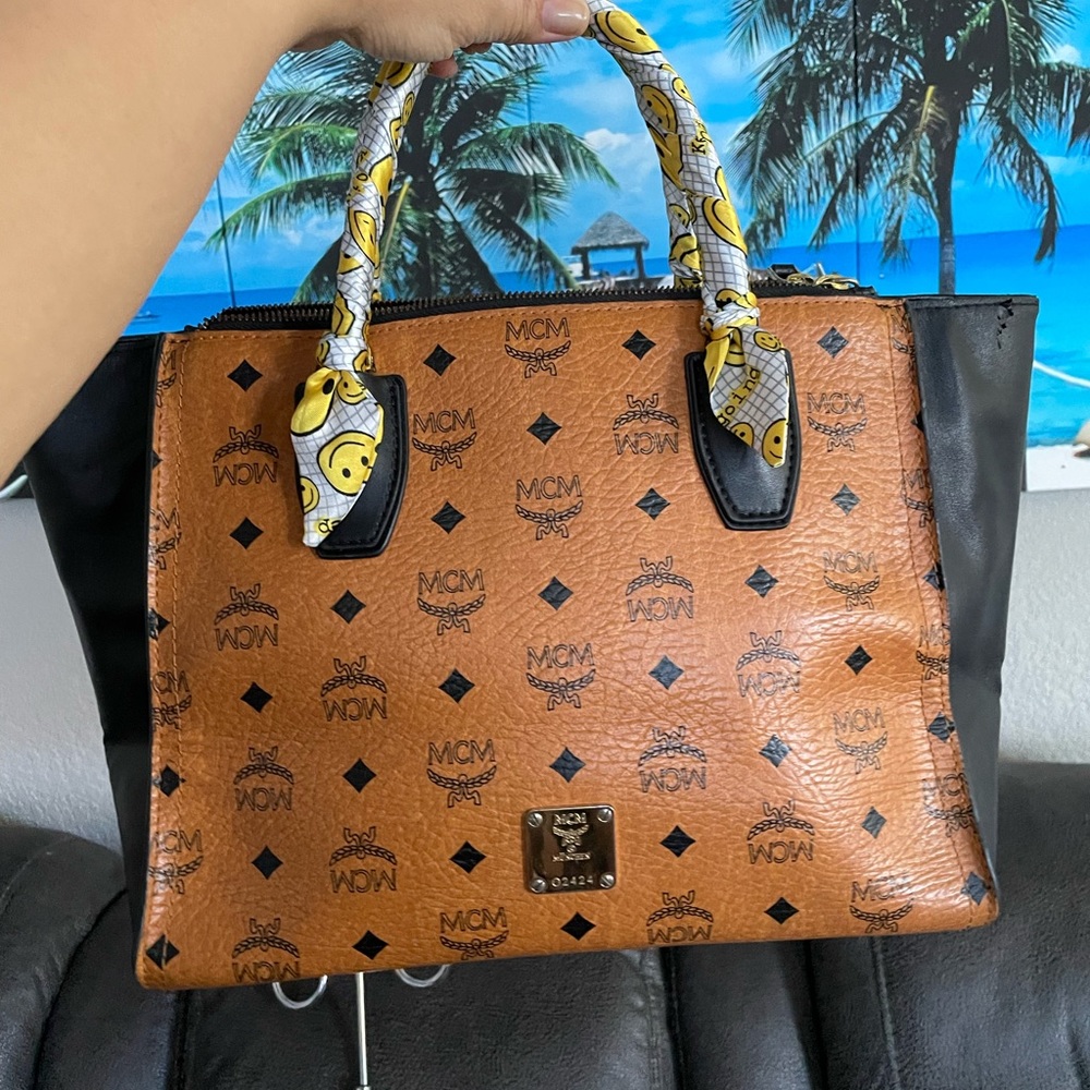 MCM Cognac Brown Logo Visetos Canvas Tote with Black Side Panels